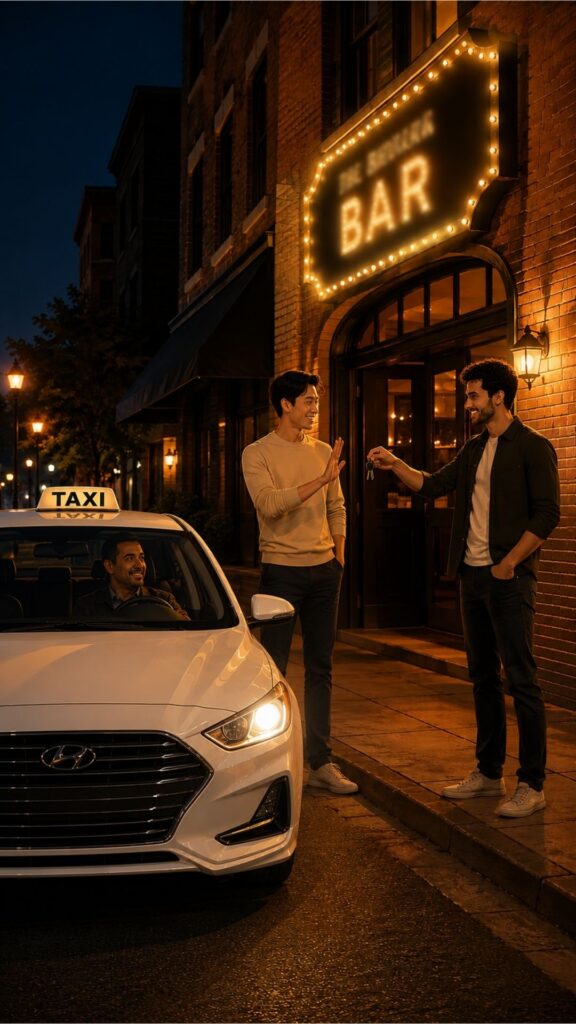 Deux hommes devant un bar, taxi en attente