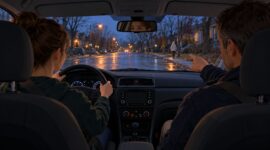 cours de conduite au crépuscule sous la pluie
